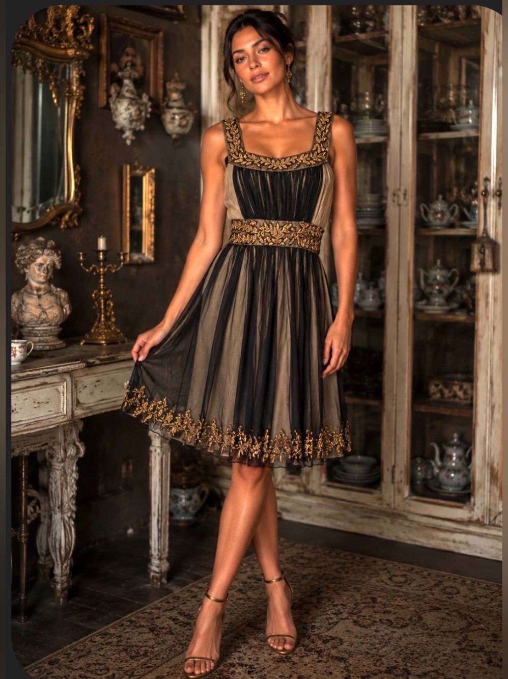 Vintage Spiegel Black & Gold Beaded Regency Babydoll Dress 8